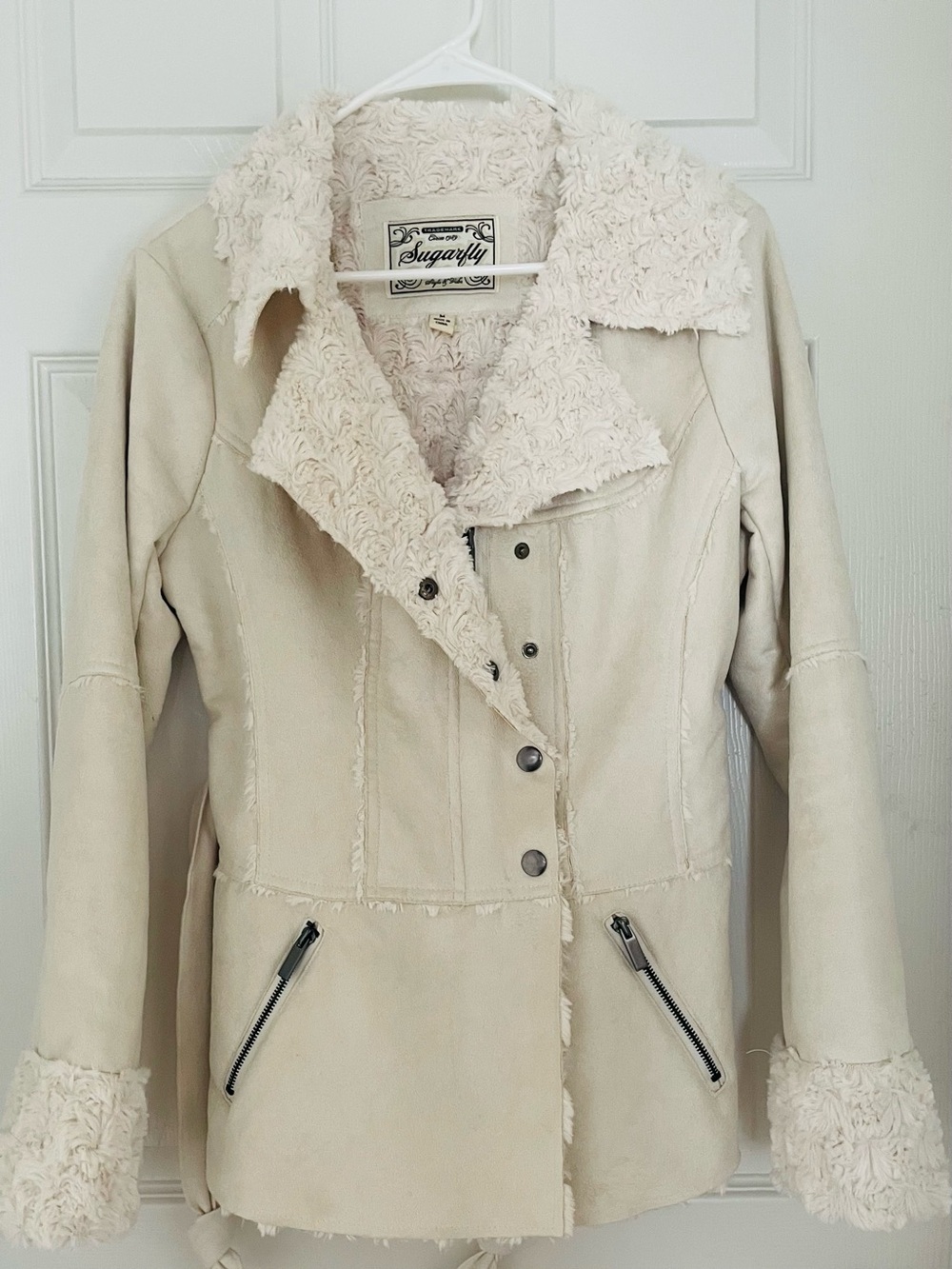 Sugarfly Cream Faux Shearling Jacket with Zip Pockets